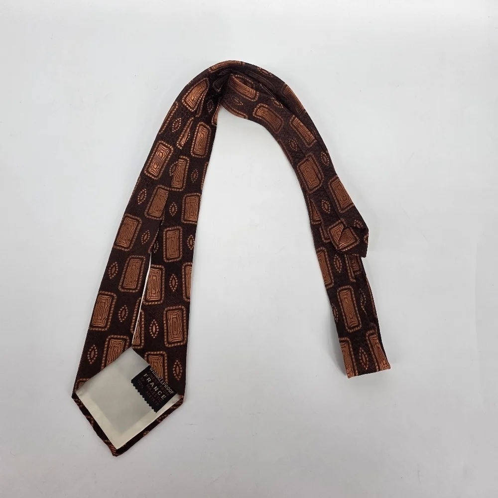 VINTAGE 60s 70s Majestic Acetate Brown Geometric Block Tie Wrinkleproof France